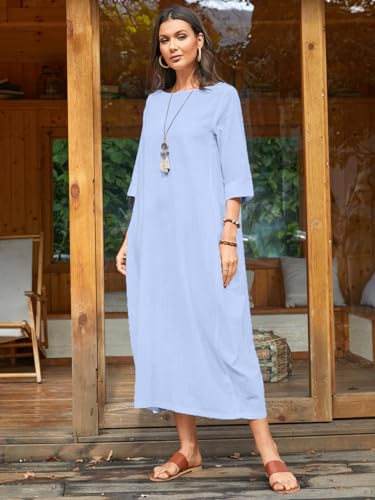 Image of Celmia Autumn Solid Loose Long Maxi Dress Cotton Caftan