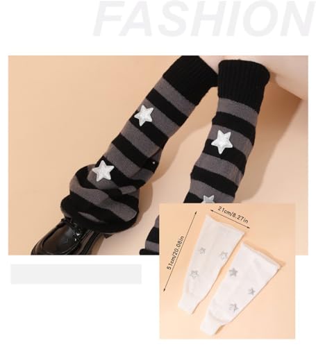 Rvnsu Leg Warmers for Women Girls Star Pattern Knitted Leg Warmers Y2k Socks Kawaii 80s Party Accessories Clothes (Black Gray, One size)