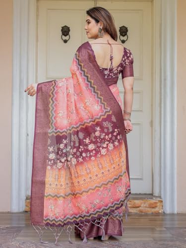 Image of ALMAARI FASHION Floral Printed Cotton Saree for Women with Handloom Zari Weave, Traditional Lightweight Ethnic Saree for Wedding Festive Office Party with Blouse Piece (LINEN 81-90 SH)