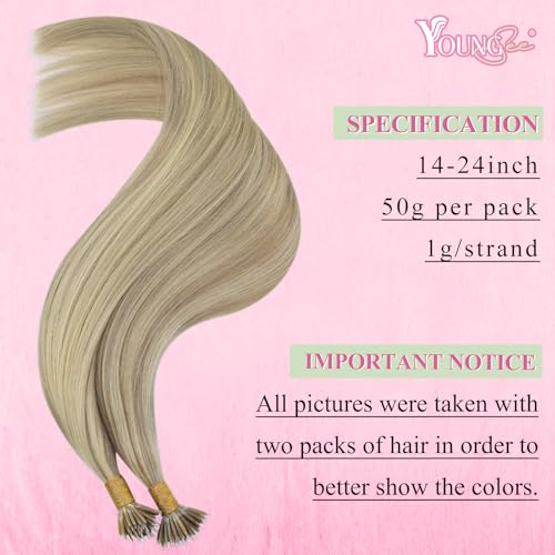 Image of YoungSee Nano Tip Hair Extensions Real Human Hair Ash Blonde Highlights Golden Blonde Nano Bead Human Hair Extensions Highlight Hair Extension Nanolink 18in for Wedding 50g 50 Strands