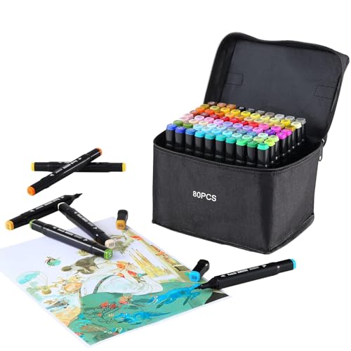 SOSINYA Feutres à alcool 80 couleurs double pointe, marqueurs dessin et coloriage, séchage rapide, avec étui de rangement, pour débutants, adolescents et...