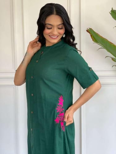 Image of Women's Cotton Embroiderd Long A-Line Kurti with Palazzo
