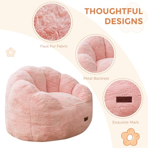 Image of MAXYOYO Kids Bean Bag Chair, Floral Shaped Bean Bag Sofa, Plush Faux Fur Toddler Couch with Petal Backrest for Boys Girls, Stuffed Cozy Sofa for Nursery, Bedroom, Pink