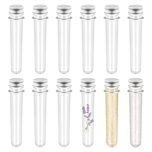 Pinsheng 12pcs Tubes à Essai Plastique avec Bouchon en Aluminium 40ml Tubes à Essais de Stockage Trasparente Conteneurs D'échantillons pour Les Bonbons, Les Fêtes, Les Liquides, Les Sels de bain