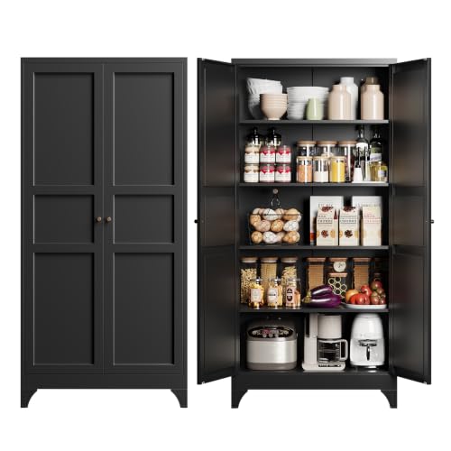 Image of Yizosh Metal Storage Cabinet with 2 Doors and 4 Adjustable Shelves,- 72 inch Black Kitchen Pantry Storage Cabinet for Kitchen,Living Room,Dining Room