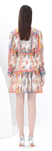 Image of LAI MENG FIVE CATS Women's Floral Print Lantern Sleeve Ruffle Casual Button Belted Thin Loose Fit Mini Dress