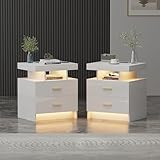 JDPAG LED Nightstand 2 Set with Charging Station, High Gloss Bedside Table with 2 Drawers, 24 Color Dimmable Modern Smart Night Stand with USB Type-C Port Bedroom White