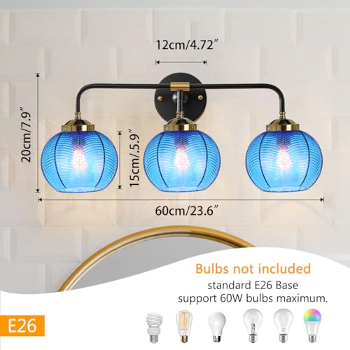 Image of Vanity Lights for Bathroom,Mid Century Vanity Light Black Sconce Blue Bathroom Light Fixture Over Mirror Ribbed Glass Globe Shade Art Deco Vanity Lights Modern Wall Sconce 3-Lights