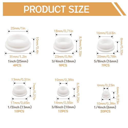 Image of 62PCS 6 Sizes White Rubber Hole Plugs for Round Holes Silicone Plugs, 1 inch 3 /4 inch 5 /8 inch 1 /2 inch 3 /8 inch 1 /4 inch Round Rubber Plug Snap Locking, Used for Furniture DD036-w
