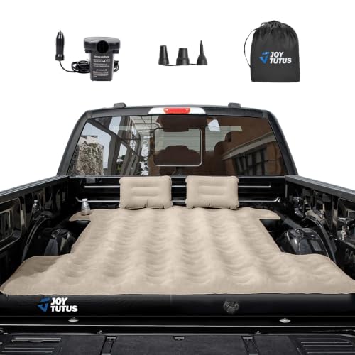 JOYTUTUS Truck Bed Mattress for 5.5-5.8Ft, Full Size Inflatable Mattress Pickup Short Beds for Outdoor Camping, with Carry Bag & Cup Holder & Cavity Design, Camel&Black