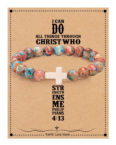 Image of Cross Bracelets for Women, Christian Gifts for Women Stocking Stuffers for Teens Cross Bracelet Imperial Nature Stone Bead Bracelet Confirmation Baptism Gift for Teen Girls Christmas Religious Gift Cathlic Faith Jewelry