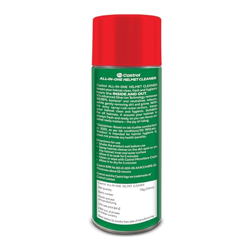 Image of Castrol All-in-One Helmet Cleaner - Anti-Odour & Anti-Bacterial foaming Spray | One Spray for Helmet Inside & Out | Dermatologically Tested | Quick Drying | Suitable for All Helmets (125ml)