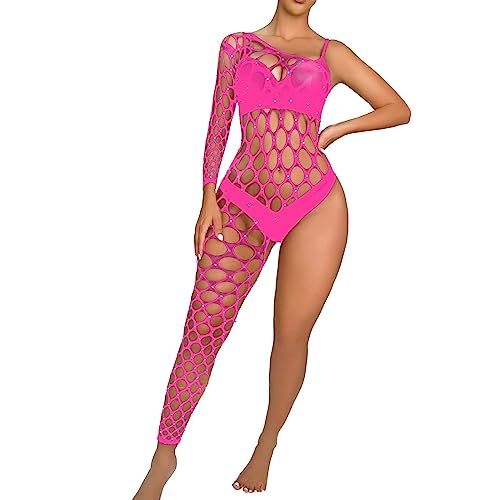 Generisch Mono de malla para mujer, hecho a mano, con purpurina, lencería, con una pierna, faja reductora de abdomen, Rosa intenso., talla única