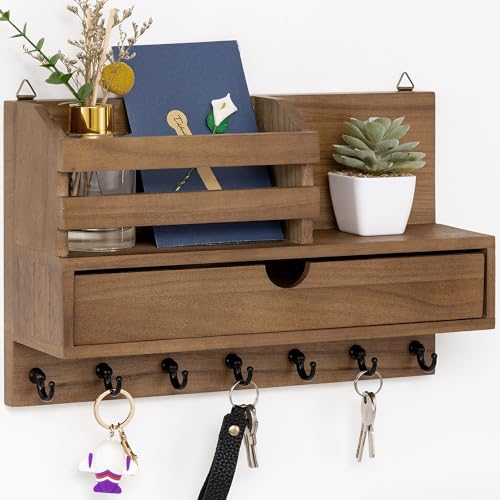 dreampossible Key and Mail Holder for Wall, Mail Organizer Wall Mount with 7 Hooks and Storage Drawer, Wooden Key Rack Hanger with Shelf for Entryway and Home Decor