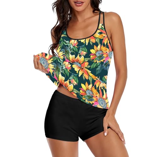 Image of Urchics 2026 Women Two Piece Tankini Swimsuit Tummy Control Plus Size Long Torso Top and High Waisted Boyshorts Bathing Suits