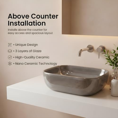 Image of VENICE Bathroom Vanity Sink Countertop Stylish & Durable Ceramic Tabletop Wash Basin Rectangular Vessel Bowl Metallic Grey Glossy Finish