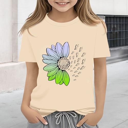 Girls Loose Fit Sunflower Graphic T Shirts Short Sleeve Crewneck Cute Pattern Printed Tops Kids (D-Beige, 8-9 Years)4