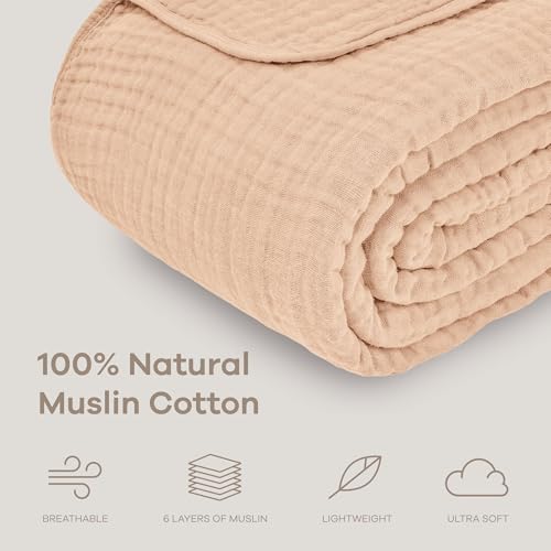 Image of Comfy Cubs Muslin Throw Blanket - 50 inch x 60 inch Quilted Design - Lightweight, Breathable 6-Layer Gauze Fabric - Soft Cotton Blanket for Home or Travel - Packaged in Elegant Gift Box - Cream