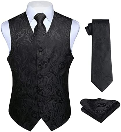 HISDERN Men's Classic Black Vest Tie Set Paisley Printed Jacquard Necktie Pocket Square Handkerchief Waistcoat for Wedding Prom Dress or Tuxedo