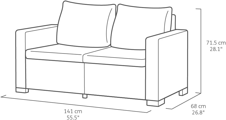 Diagram showing the dimensions of the Keter California 2-Seater Garden Sofa: 141 cm length, 68 cm depth, 71.5 cm height