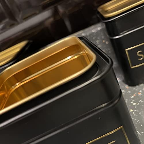 Stacking tea coffee sugar storage tins Black and Gold kitchen storage jars - 500ml
