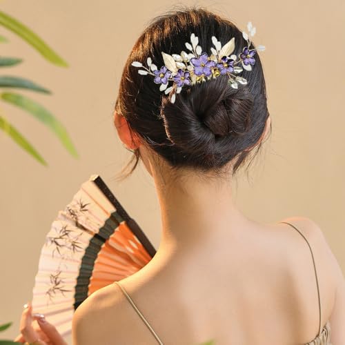 Peine para cabello de novia con flores moradas y cristales miniatura 5