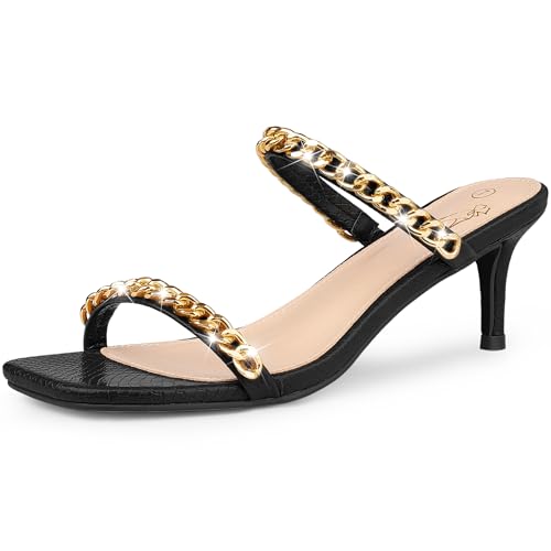 Perphy Snakeskin Print Square Toe Gold Chain Stiletto Heels Strappy Sandals for Women