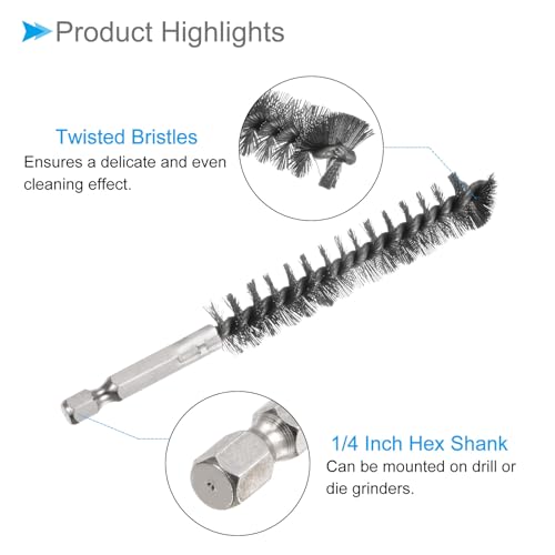 Image of Bore Brush, 14mm Dia 4.5 inch Length, Stainless Steel Cleaning Wire Brushes with 1 /4 Inch Hex Shank - (Applications: for Power Drill, Die Grinder), 5-Pieces