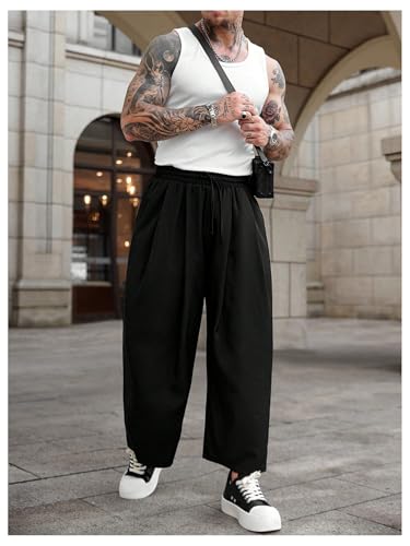 OYOANGLE Men's Solid Loose Fit Casual Pants Drawstring Elastic Waist Lightweight Pleated Trousers3