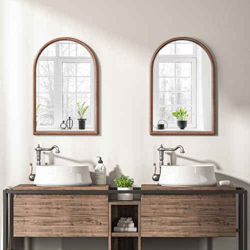 Image of 20 inchx30 inch Arch Wall Mirror for Wall, Wall Mounted Vanity Mirror for Bedroom, Wood Grain Finish Frame Mirror with Tempered Glass, Vintage Decorative for Bathroom, Entryway, Living Room, Walnut