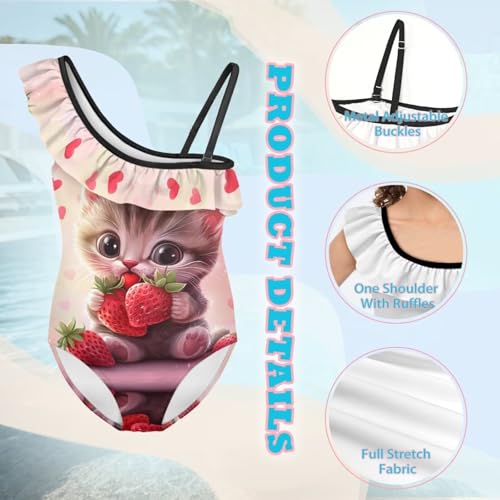 Image of Ladybug Swimsuits for Girls 5-14 One Piece Bathing Suit Kids One Ruffle Shoulder Beach Sport Swimwear