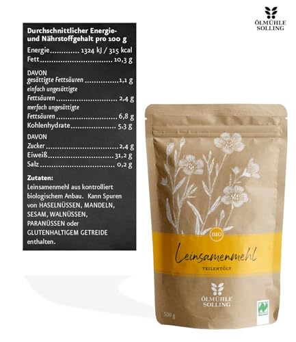 ÖLMÜHLE SOLLING - BIO Leinsamenmehl teilentölt | Mehl aus kaltgepresster Bio-Leinsaat. Leinsamenmehl für Müsli sowie zum Backen von Broten und Backwaren | Inhalt: 500 g