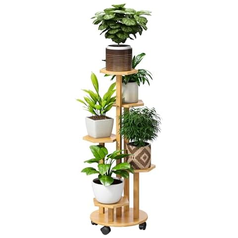FILWH Plant Stand Indoor Outdoor Bamboo Corner Plant Shelf With Wheels Plant Rack Corner Display Rack for Living Room Balcony Garden Patio(Natural) Cover