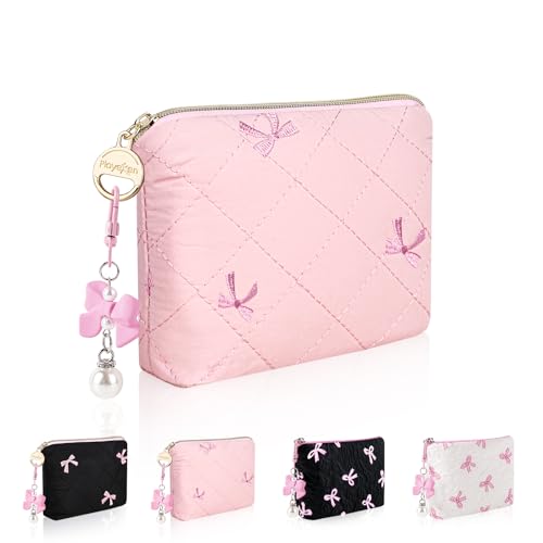 Playexen Quilted Mini Makeup Bag for Purse, Cute Bow Coin Purse, Pink