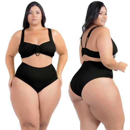 Biquíni Plus Size Feminino Bojo Franzido Calcinha Hot Pant Alças Largas Moda Praia Modela Cintura Al