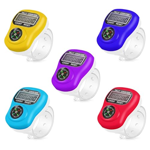 Image of GLUN Portable Finger Counter Ring Pack of 5 with Navigation Compass, 5-Digit LCD Display Digital Click Counter for Prayer, Meditation, Knitting & Sports Counting