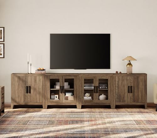 WAMPAT 126\" Large Buffet Sideboard with 6 Center Drawers, Extra Long Storage Cabinet with Doors, Modern Farmhouse Coffee Bar Table for Dining Room, Brown