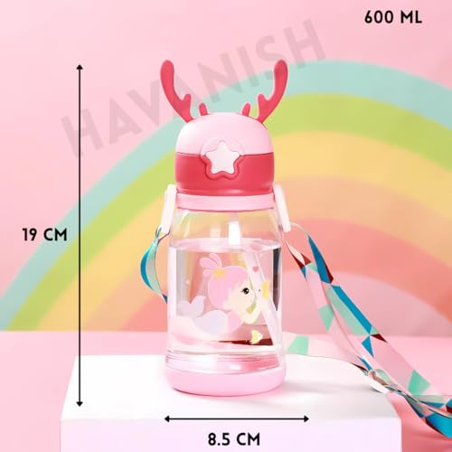 Image of Antlers Water Bottle for Kids 600ml BPA Free | Soft Silicone Sipper Transparent Bottle for Boys & Girls | Reusable Leak Proof with Strap for School, Sports, Travel & Outdoor Use - Pack of 2(Pink)
