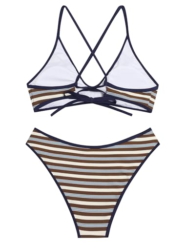 Image of ZAFUL Women's Tie Back Padded High Cut Bralette Bikini Set Two Piece Swimsuit