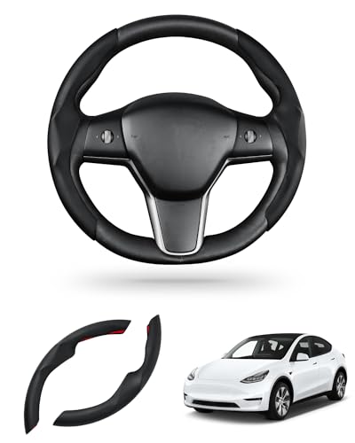 Canvcle Custom-Fit Steering Wheel Cover for Tesla, Telsa Model 3 / Y Leather Steering Wheel Cover for Men/Women, Anti-Slip, Comfortable Grip, Breathable, Model 3 / Y Accessories (Black)