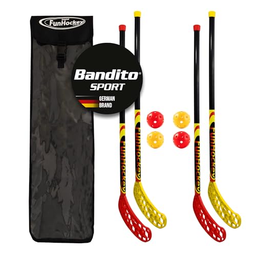 Bandito FunHockey Schlägerset inkl. Bälle und Tasche für Kinder Floorball für Garten Floorball Stick Streethockey Outdoor Linkshänder Rechtshänder 4 Bälle 4 Schläger 1 Tasche