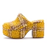Pazzion Women's Comfy Thick Platform Round Closed Toe Clogs Mules Slip On Block High Heel Backless Slippers Versatile Indoor Shopping Shoes Size 8 Yellow Plaid