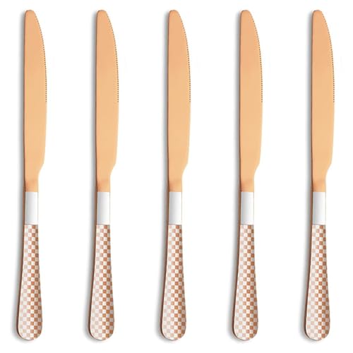 Image of 9 inch Rosegold Steak Knives Set of 5 with Checks Printed Handle ? Durable Stainless Steel Dinner Knife, Mirror Polished Silverware, Perfect for Home, Restaurant, and Gifting