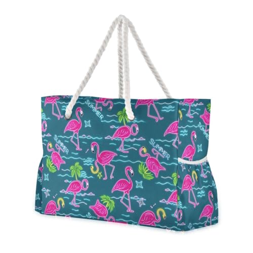 Summer Neon Flamingo Coconut Tree Blue Portable girls beach bag with zipper work tote bags for women with cup holder Good for Travel Pool Swim Beach Vacation Necessities - Main Image