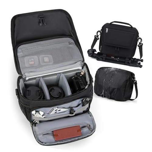 Cámara DSLR protegida con bolsa de soporte a prueba de golpes y bandolera de hombro con bolsillos