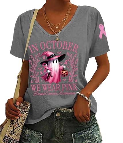 BOMYTAO Women's Breast Cancer Awareness Shirts in October We Wear Pink Halloween Ghost T-Shirt Pink Ribbon Warrior Tee(Grey,Medium)