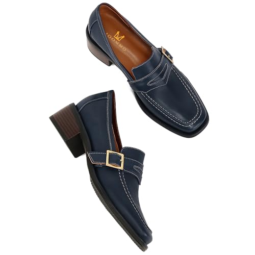 Image of MOOMMO Women Blue Chunky Heel Penny Loafers Square Toe Buckle Slip On 2 inch Stacked Block Heel Dress Loafers Oxfords Office Ladies Comfy Classic Loafer Pumps Matte Navy Size 8.5 M US