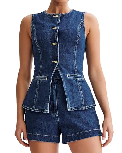 Women's Denim 2 Piece Set Sleeveless Button Down Denim Blazer Vest Tops and High Waist Short Casual Waistcoat Jean Vest Set2