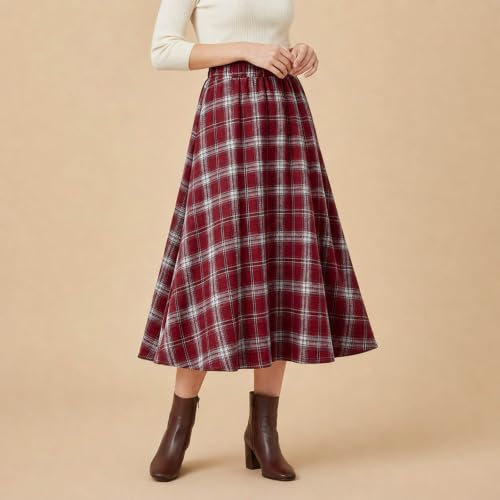 Women's Plaid Midi Skirt High Waisted A Line Long Flowy Fall Skirt S - image 8