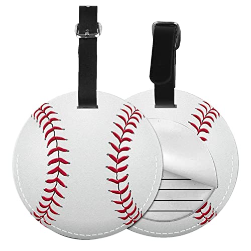 2 Packs Boys Mens Leather Luggage Suitcase Baggage Tag with Baseball Graphics Printed, Funny Sports-Themed White Travel Round Identifiers Tags Name Label with Privacy Cover